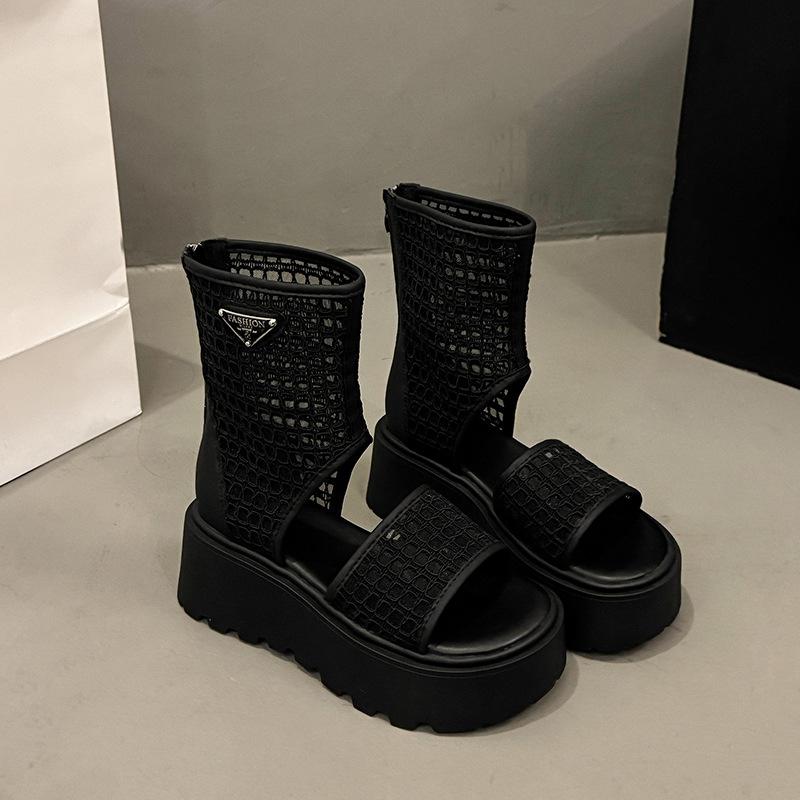 Hollow square head wedge heel thick sole summer heightening fashion word with breathable short boots comfortable thick heel Roman sandals women