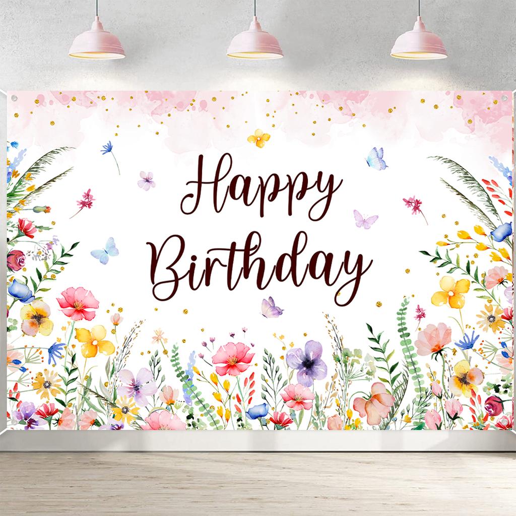 Wildflower Background Happy Birthday Backdrop Spring Flower Theme Party Supplies Kids Friends Baby Shower Party Decoration