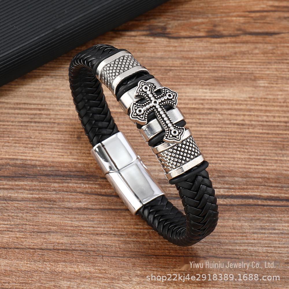 Men Simple Leather Braided Bracelet Alloy Accents European American Style Cross Fashion Alloy Bracelet
