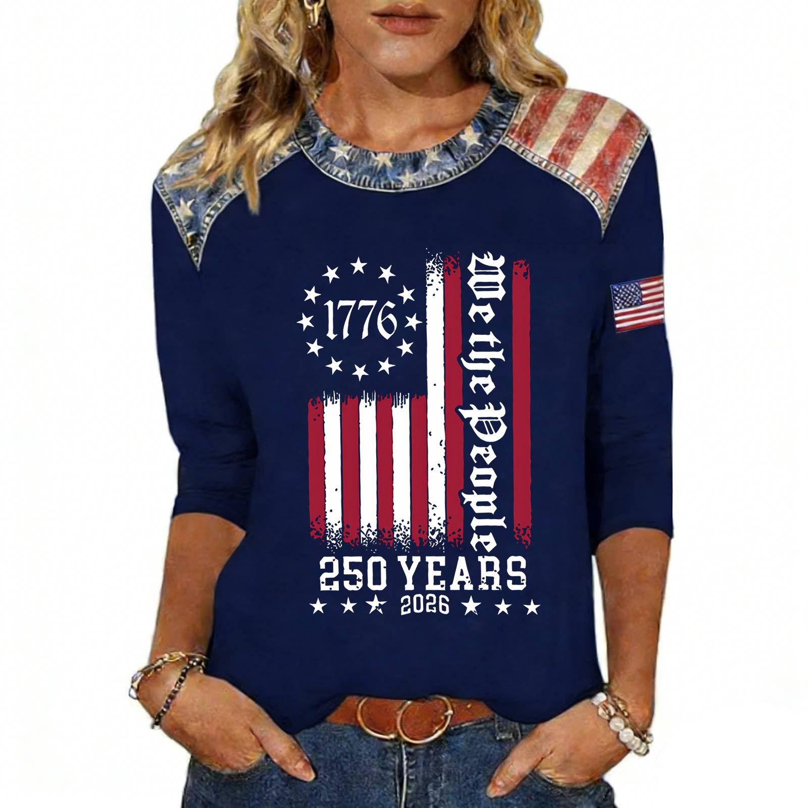 Women s Fashion Casual Independence Day Print Top XL тёмно-синий