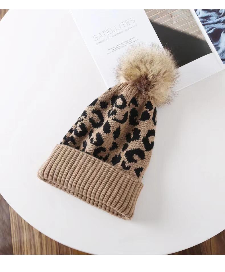 Women Hat Outdoor Warm and Thick Men Woolen Hat Trendy European American Fashion Leopard Print Curled Edge Wool Ball Knitted Hat