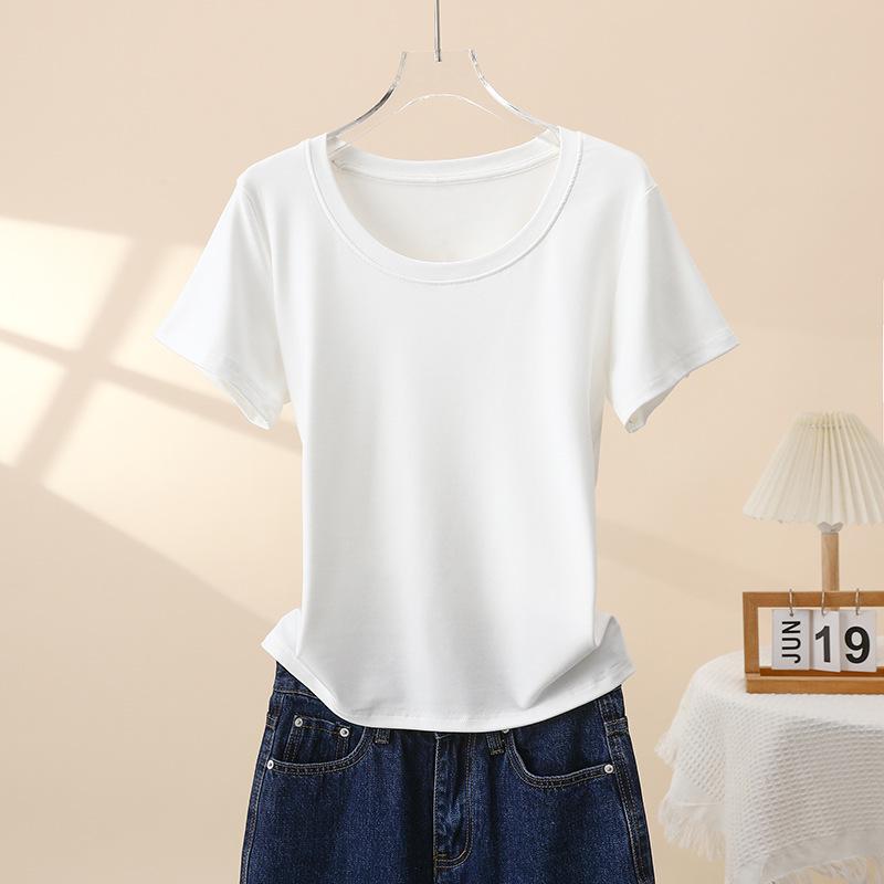 

Women s Slim-Fit White U-Neck Short-Sleeve T-Shirt - 2025 Spring/Summer Straight-Shoulder Versatile Base Layer Top 2XL [70-80 kg]