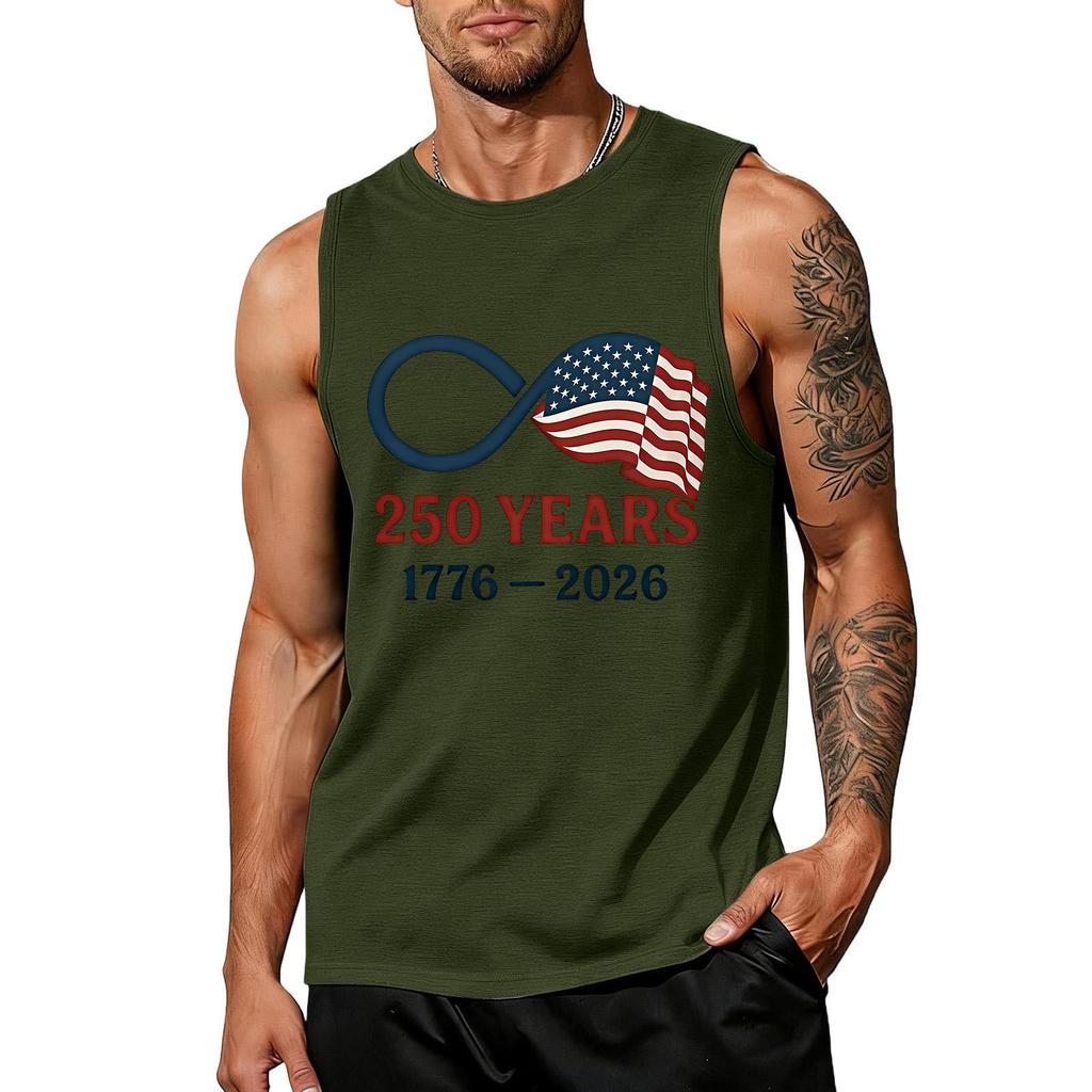Men's Sleeveless Crew Neck Tank Top with Flag Print 250 Years Anniversary Athletic Fit Shirt