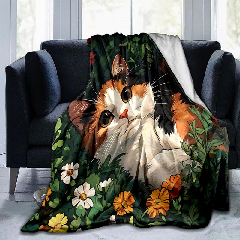 1pc Orange Cat & Flower Theme Blanket Soft Warm Bedding Throw for Room Decor, Living Room, Travel, Camping, Car Blankets