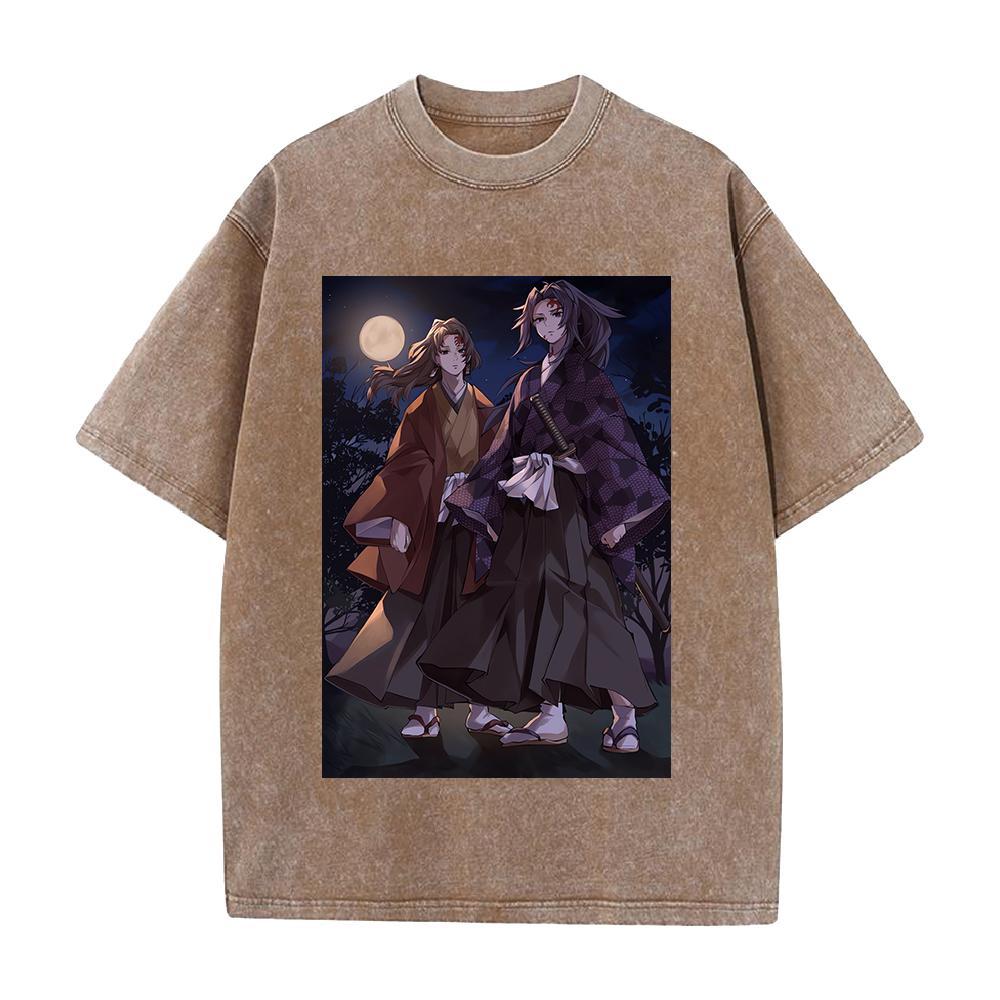 Tsugikuni Yoriichi Kokushibo Print T-shirt Demon Slayer Anime Clothing Men Cotton Tshirts Vintage Washed Tee Harajuku T Shirt