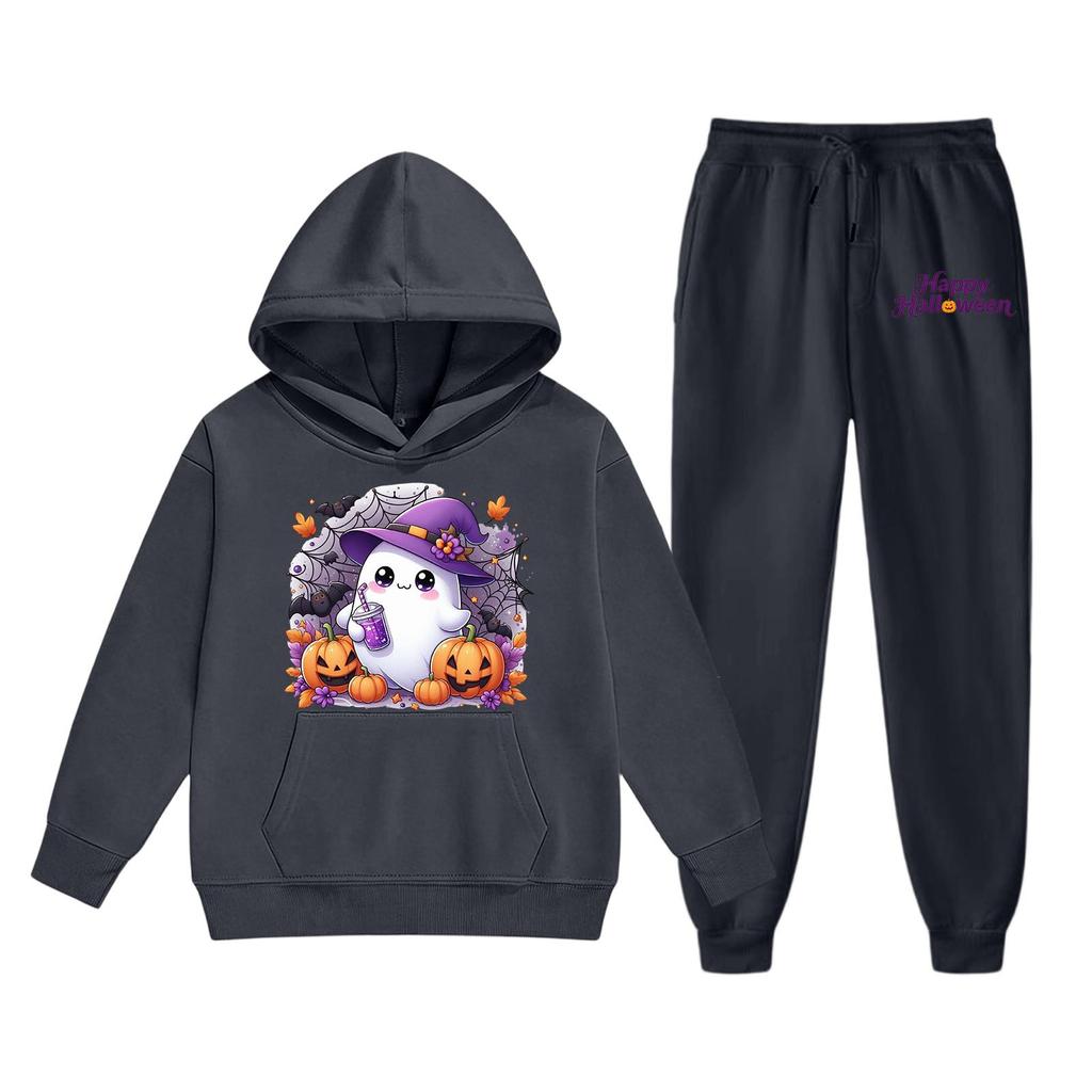 Kids Halloween Hoodie and Sweatpants Set Cute Ghost Print Pullover Hooded Sweatshirt and Matching Bottoms for Children Soft Comfortable Outfit