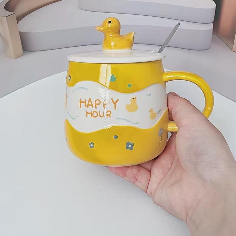 Cartoon Design Sense Ceramic Cup with Lid Spoon Oil Duck Microwave Oven Can Heat Water Cup Funny Mug Ceramic Cup