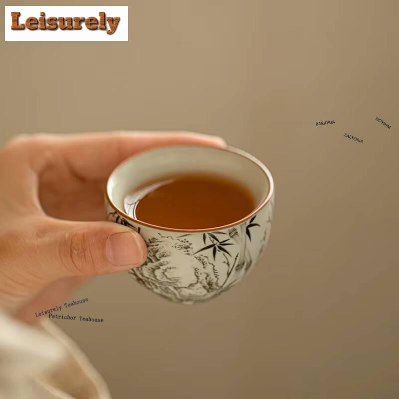1pc/lot Ru Kiln Ink Bamboo Tea Cup Boutique Gracked Glaze Master Cup Tasting Mug Tea Bowl Tea Pair Meditation Cup Teaware 61ml