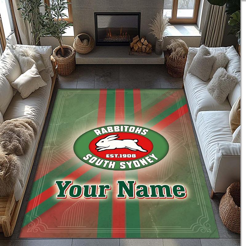 South Sydney Rabbitohs Crystal Velvet Rug, Custom Name Text Personalized Non‑Slip Floor Mat for Home Decor Gift
