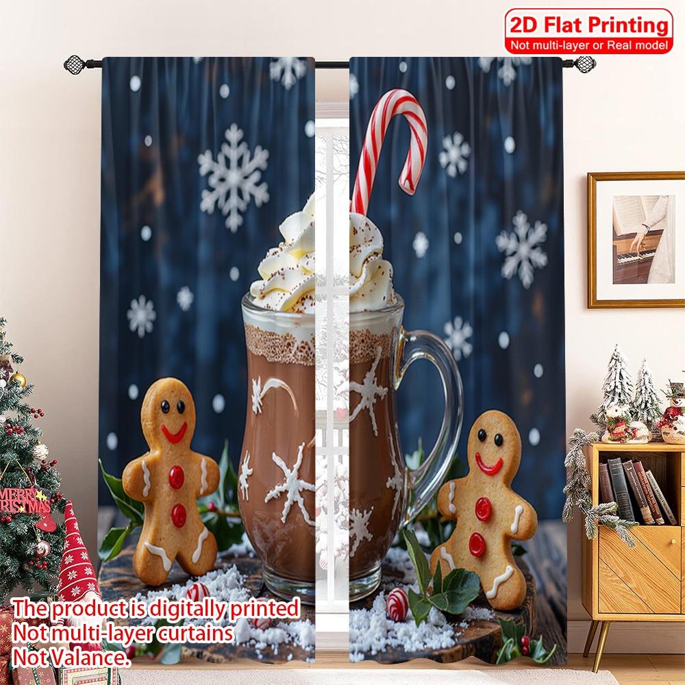 

2pcs 2D flat printing Merry Christmas Popular Curtains Christmas Hot Chocolate Gingerbread Snow 100% Polyester Without 52.50×116.00 CM 2pcs
