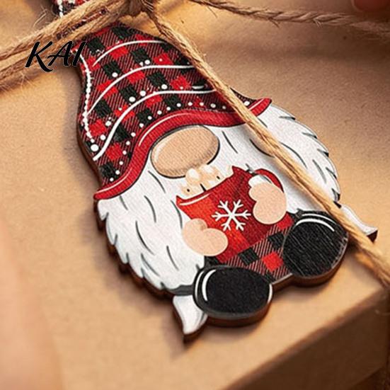 Xmas Tree Hanging Pendants 12Pcs Wooden Christmas Ornaments, Buffalo Plaid Decor with Gnome Door Window Accents Snowflake Tree, Holiday Decoration for