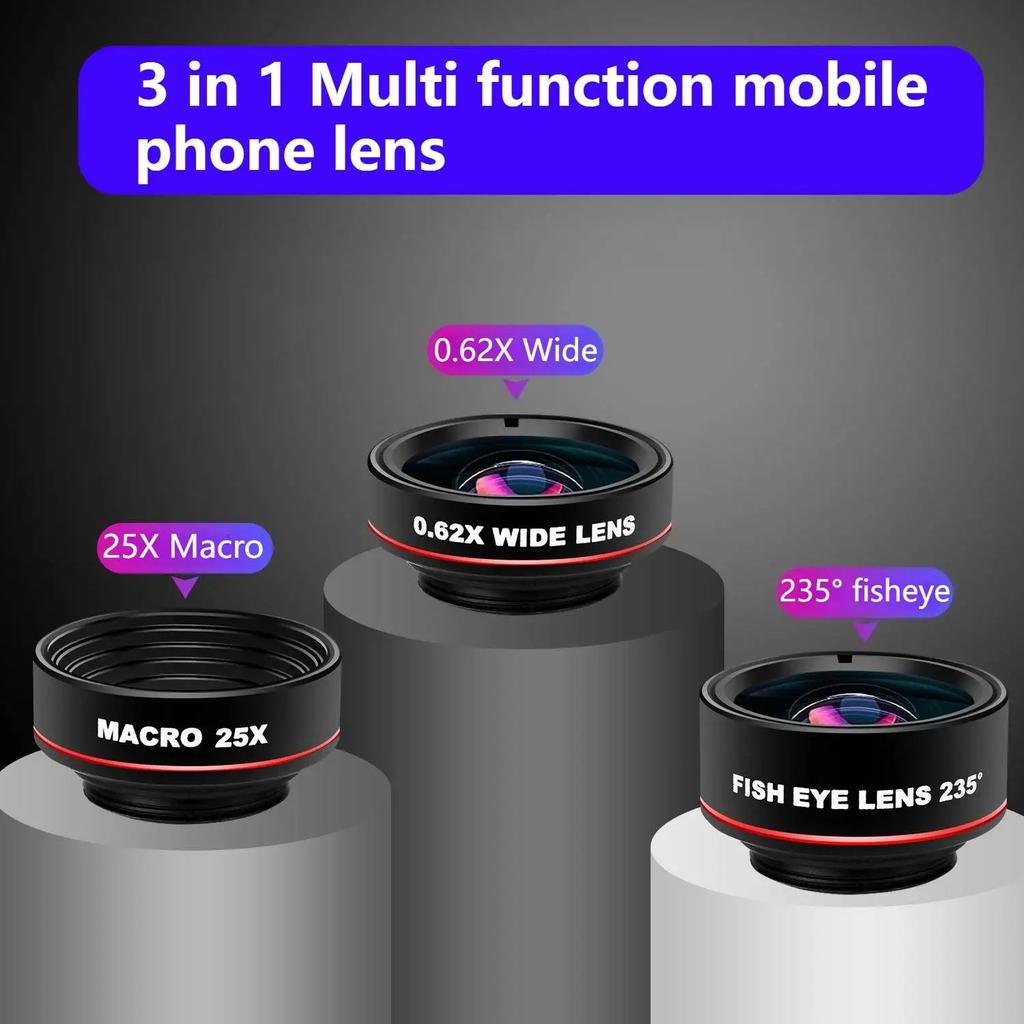 Universal 3-in-1 Phone Camera Lens Kit: Fisheye, 0.62x Wide Angle 25x Macro For Iphone 12/11/ Android Smartphone