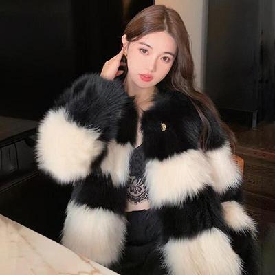Women's Colorblock Double-breasted Rabbit Fur Coat