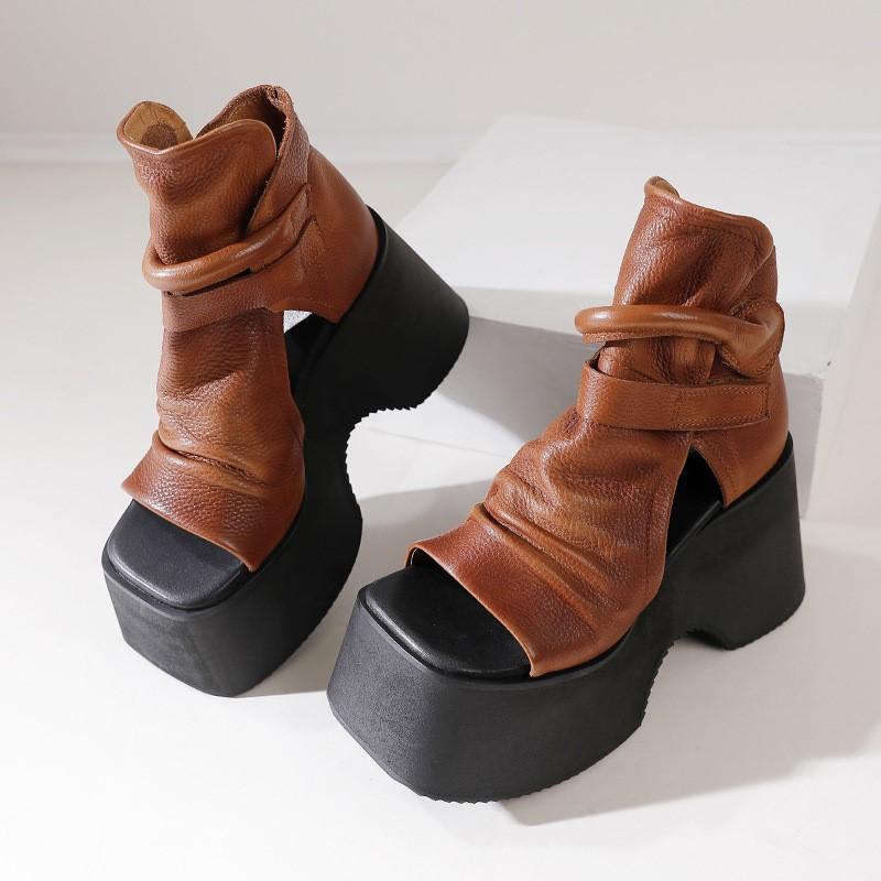 Johnature Vintage Thick Sole Sandals Boots Women Peep Toe Genuine Leather Comfort Heightening Platform Shoes
