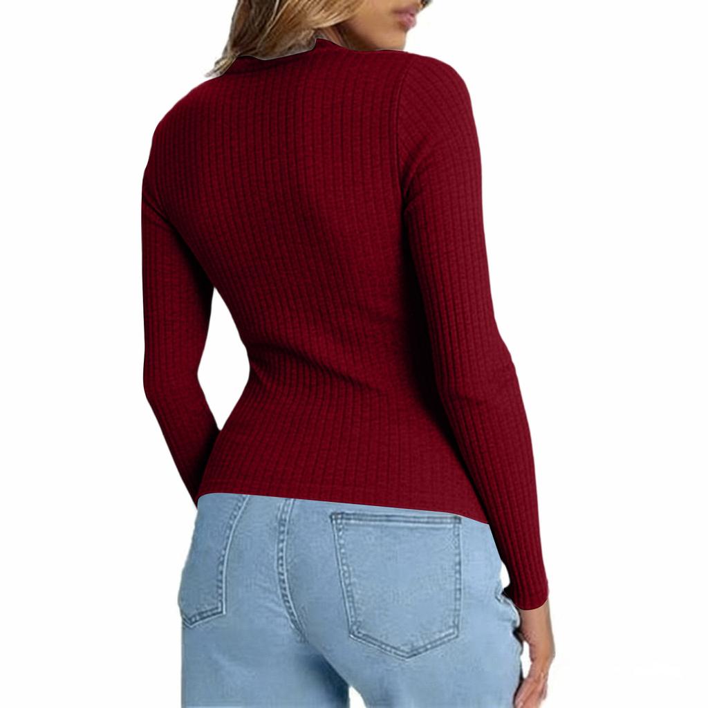 Women's Long Sleeved T-shirt Button Ribbed Knit Slim Fit Casual Top