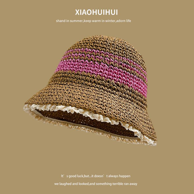 Korean Version of The Beach Trip Versatile Sunshade Fisherman Hat Women Mixed Color Lace Beach Sun Protection Straw Hat Trend
