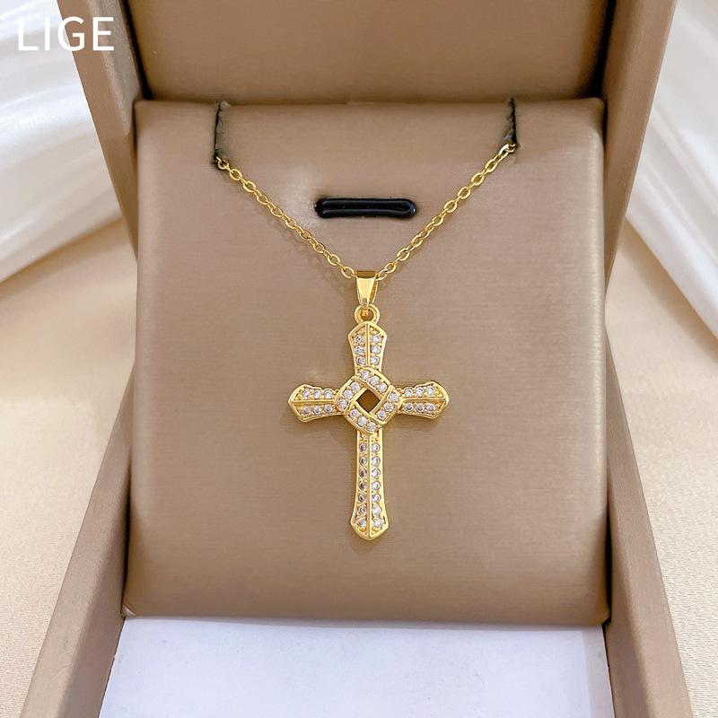 Rotating Cross Light Luxury Temperament Gorgeous Full Diamond Necklace Female Versatile Collarbone Chain Titanium Steel Chain