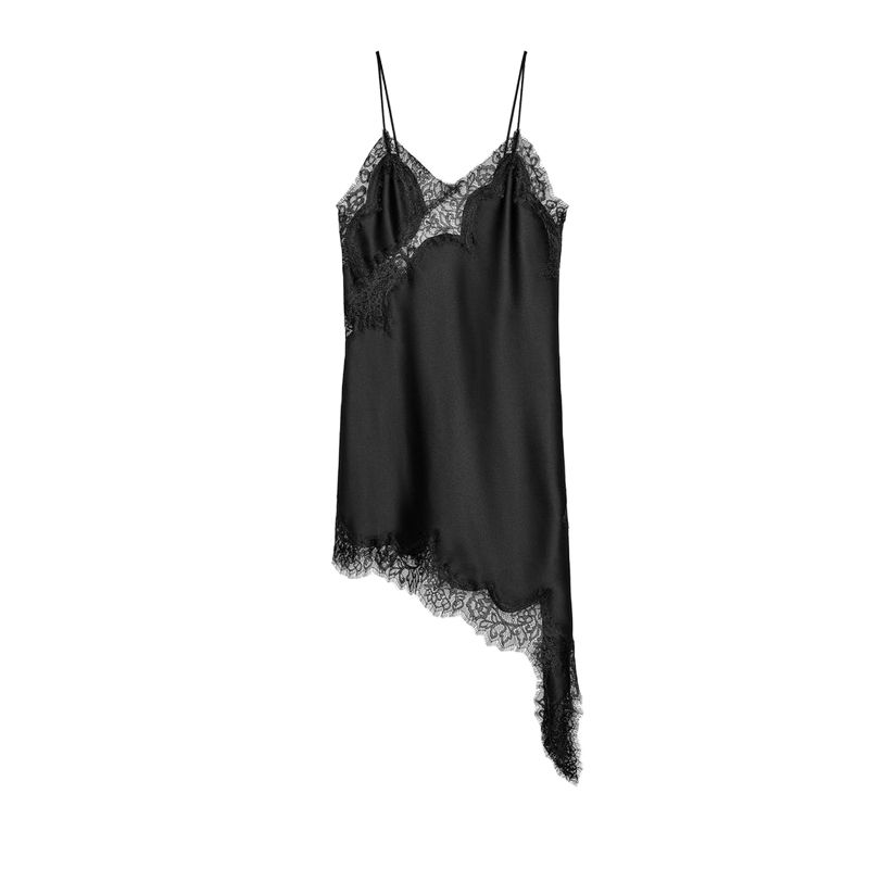 Summer New Arrival Women Clothes Sexy Style V-neck Sleeveless Silk Satin Texture Lace Asymmetric Dress 5919200