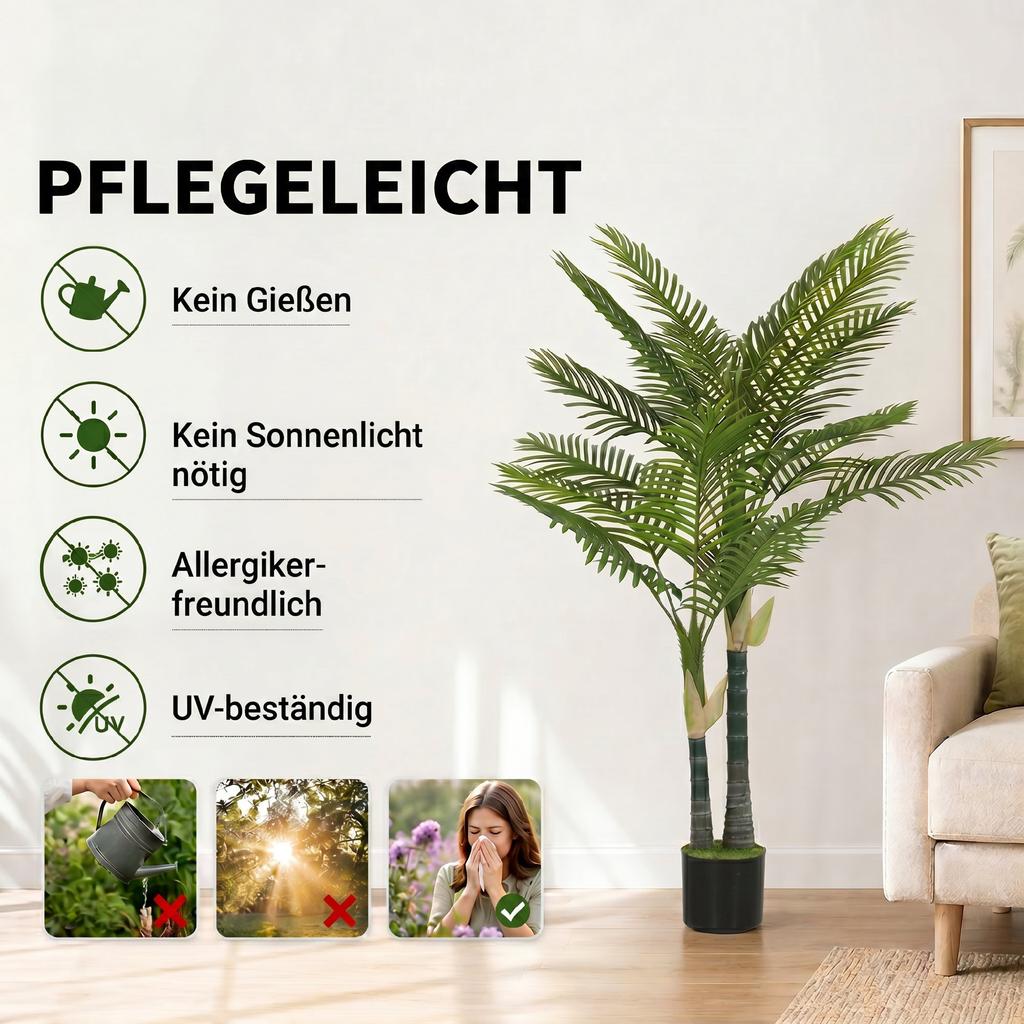 Artificial Palm Tree with 16 PEVA Leaves, 150cm Decorative Artificial Plant with Pot and Moss Effect, Green