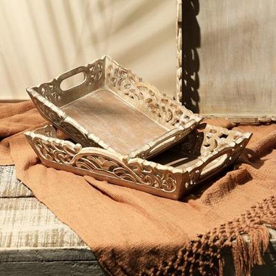 Set of 2 Andal Carved Serving Tray Mango Wood, MDF with White Wash Finish