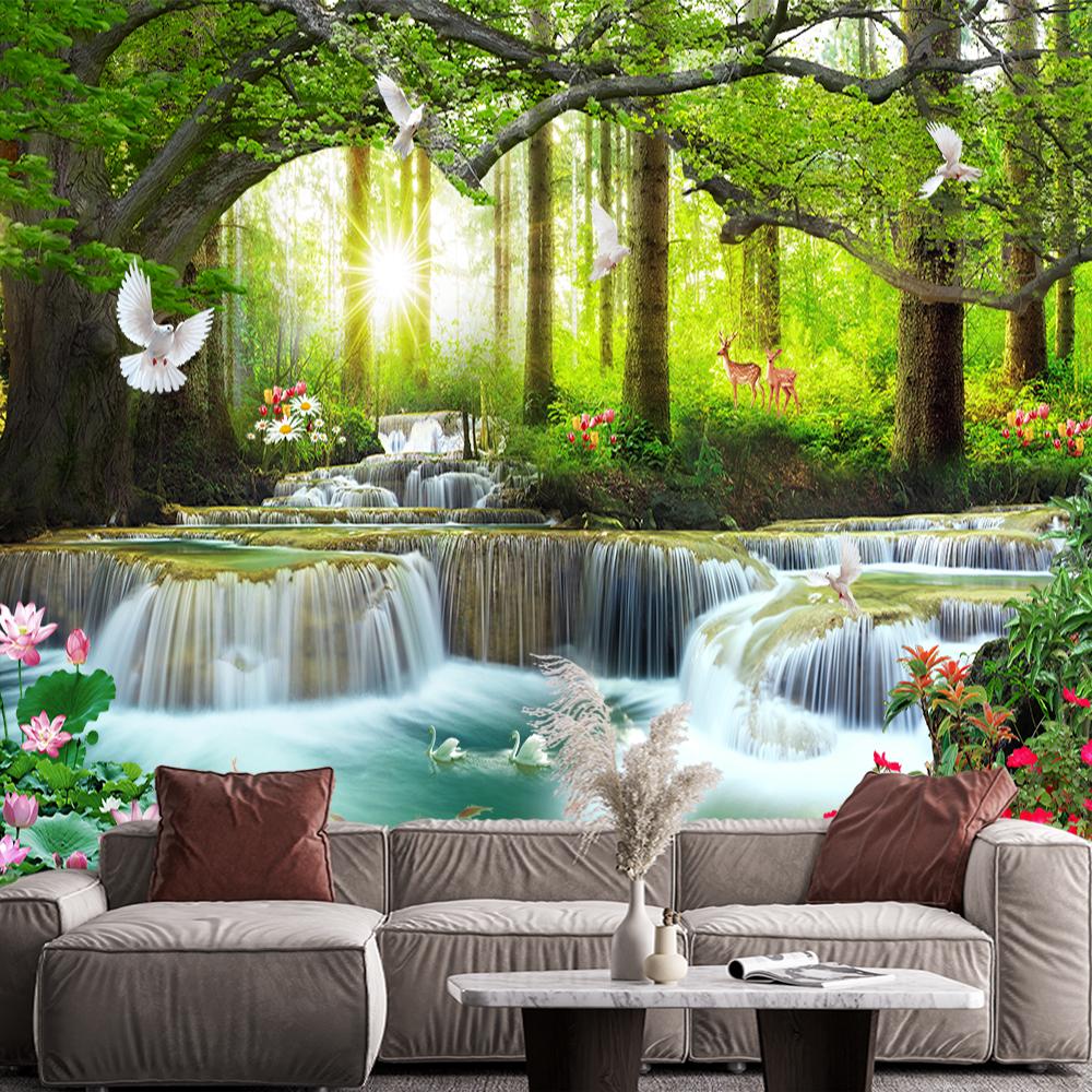 Alpine Waterfall 3d Wallpaper Pond Lotus Wall Mural For Living Room Bedroom Waterfall Mural Home Decor