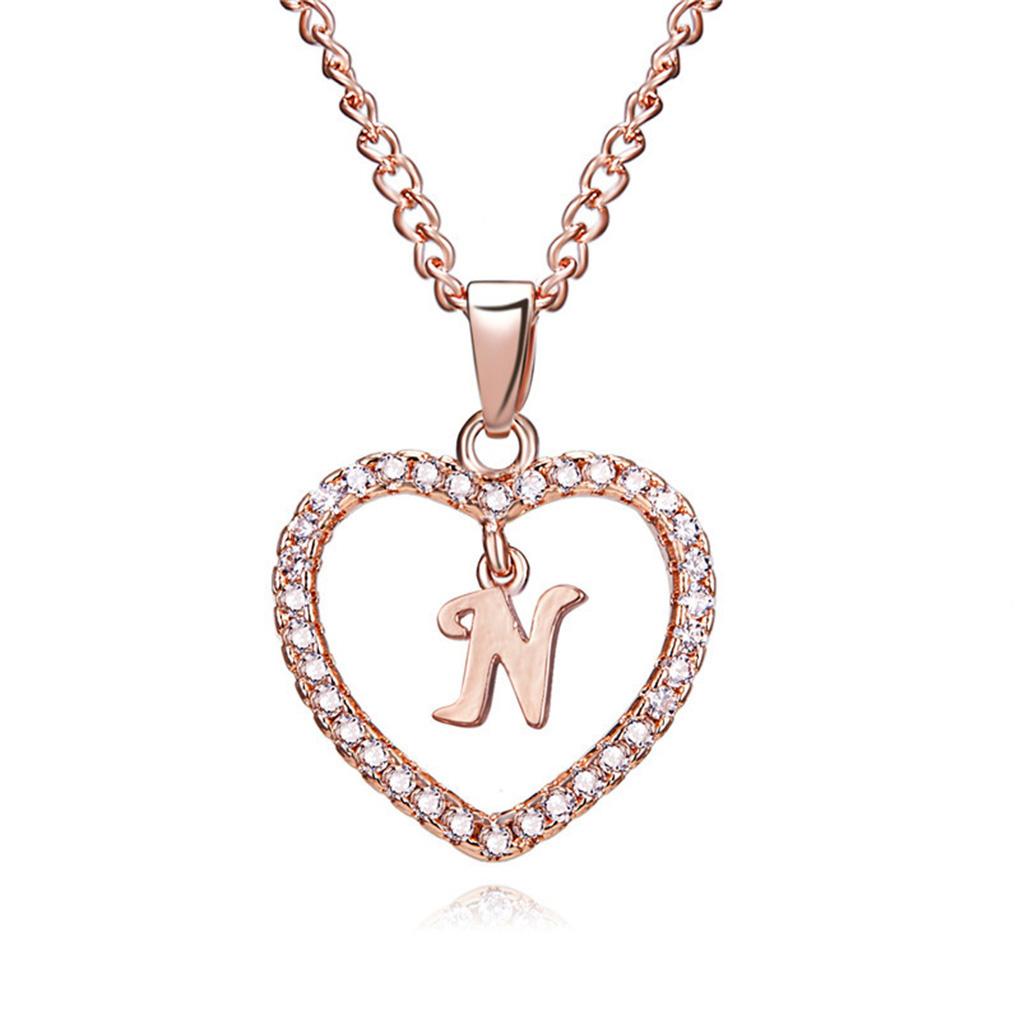 26 Letters W Heart Shape Pendant Necklace Rhinestone Rose Golden Clavicular Chain Jewelry Couple Gift