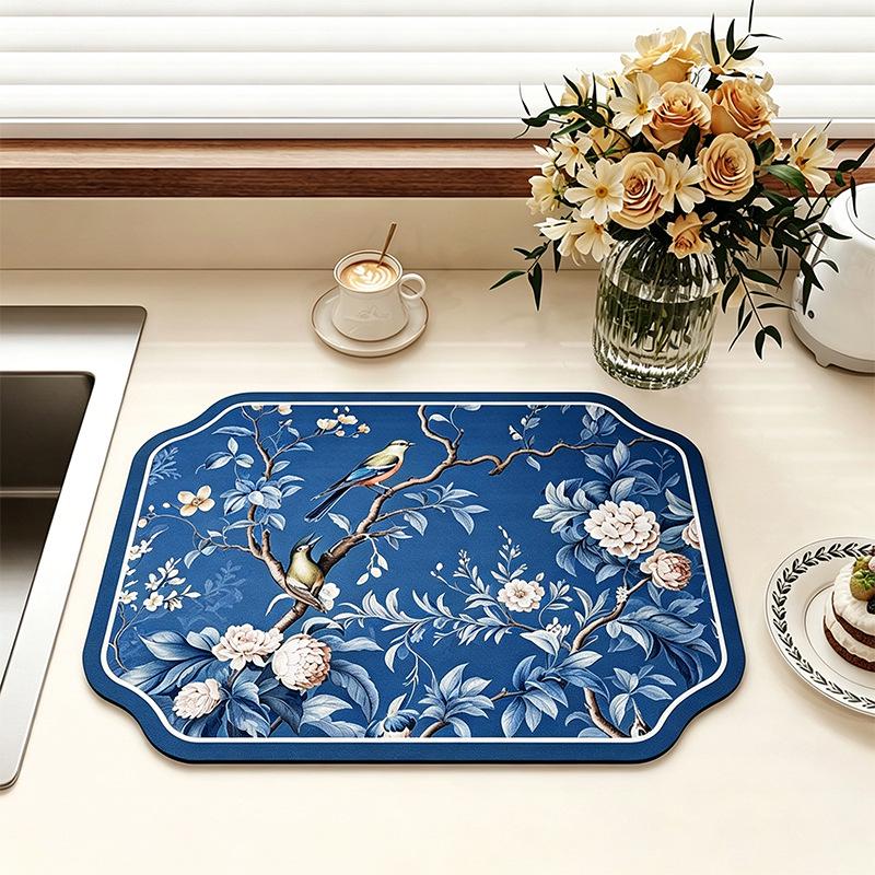 Chinese-Style Irregular Flower & Bird Diatom Mud Coffee Mat: Stain-Resistant, Easy-Clean, Non-Slip Kitchen Draining Mat