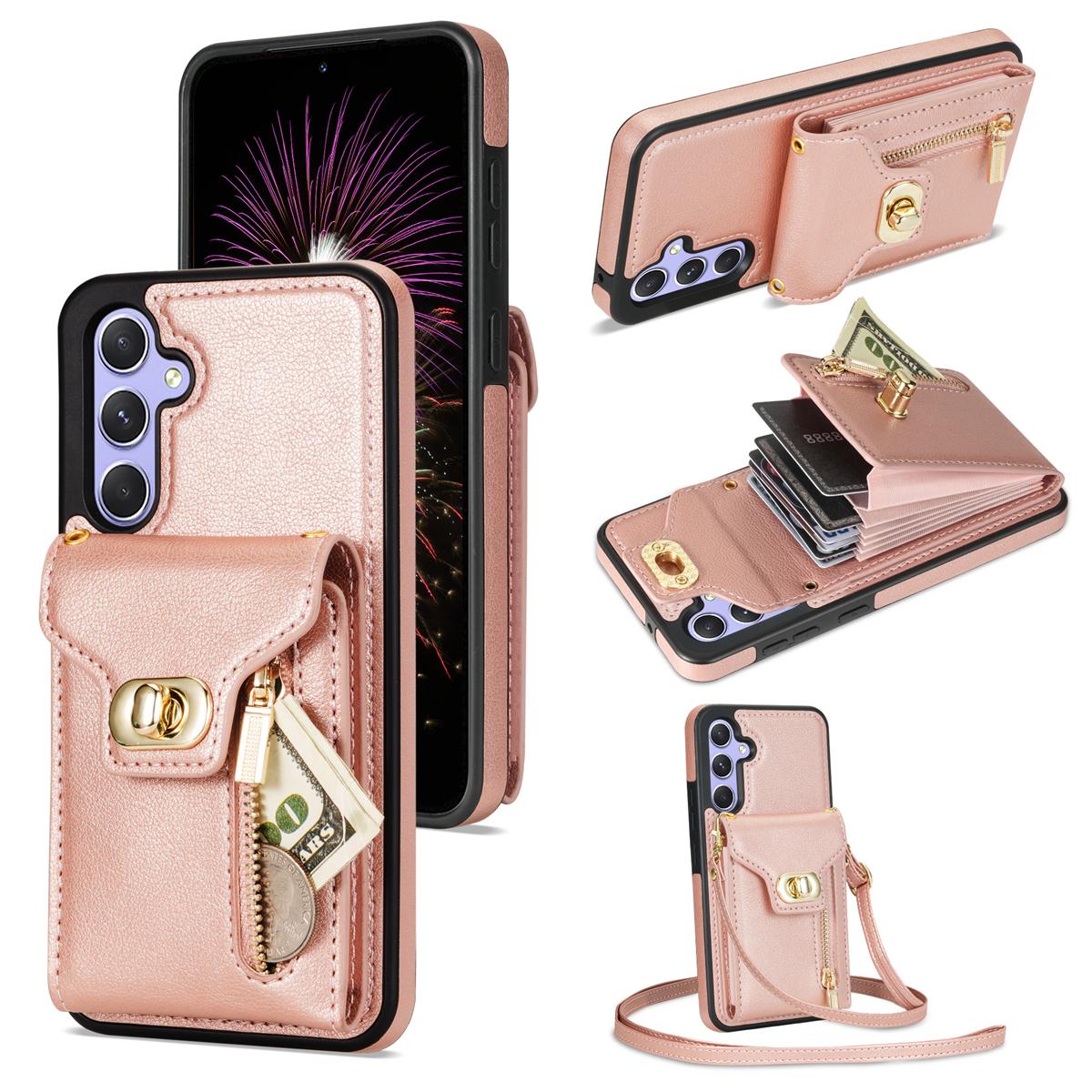 

For Samsung Galaxy S25 Case Leather+TPU Phone Cover with Card Bag,Shoulder Strap Pink