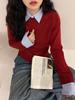 100% Pure Wool Fake Two-Piece Knit Sweater with Shirt Collar - Loose Fit, Patchwork Style for Spring 2024