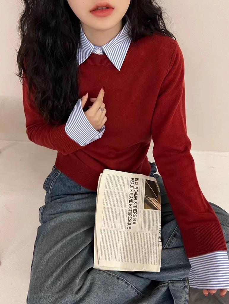 100% Pure Wool Fake Two-Piece Knit Sweater with Shirt Collar - Loose Fit, Patchwork Style for Spring 2024
