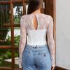 European and American Sexy Hollow-out Navel Short Top, Popular Women's Mesh Lace See-through Long-sleeved Top
