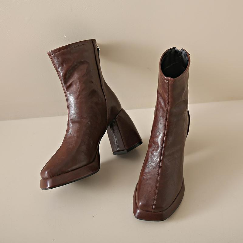 Fashion Retro Square Head Sheepskin Block Heel Booties Women's Back Zipper Platform High Heel Skinny Boots Fall Winter New
