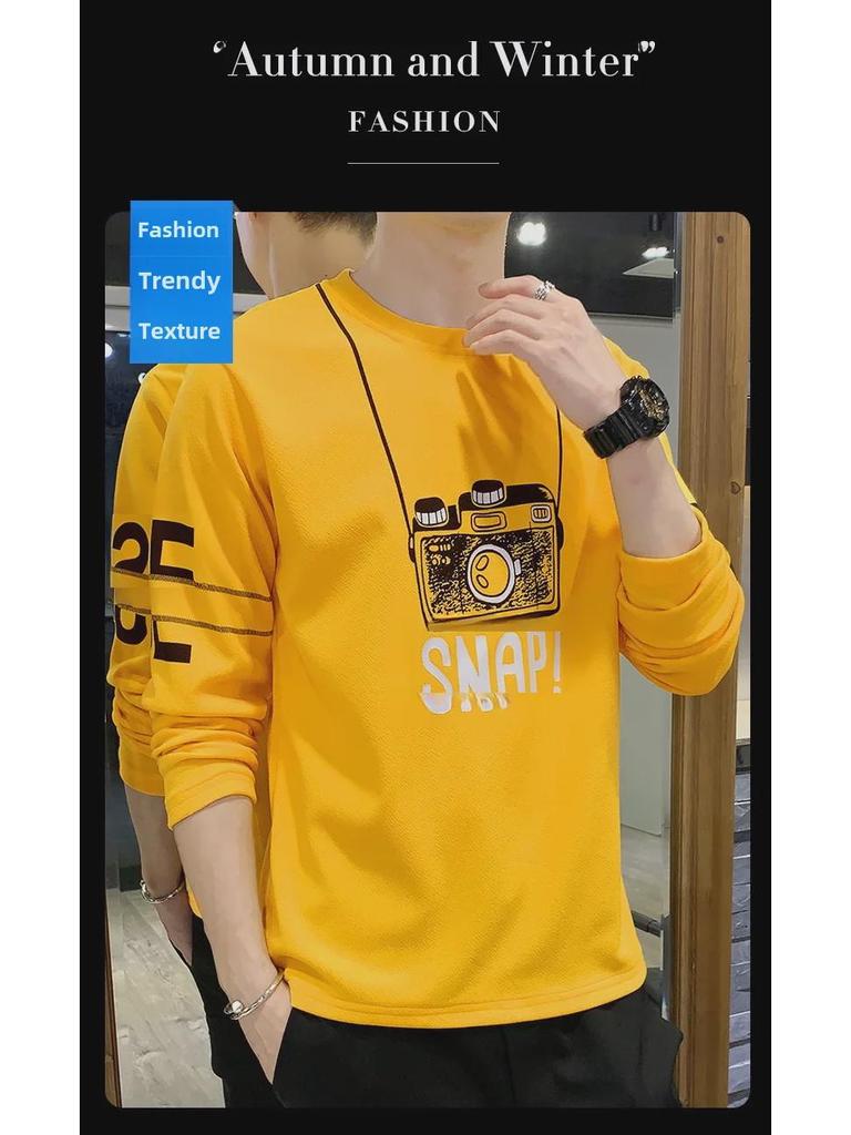 T-shirt Casual da Uomo Stile Coreano con Stampa, Manica Lunga, Vestibilità Slim, Autunno 2021