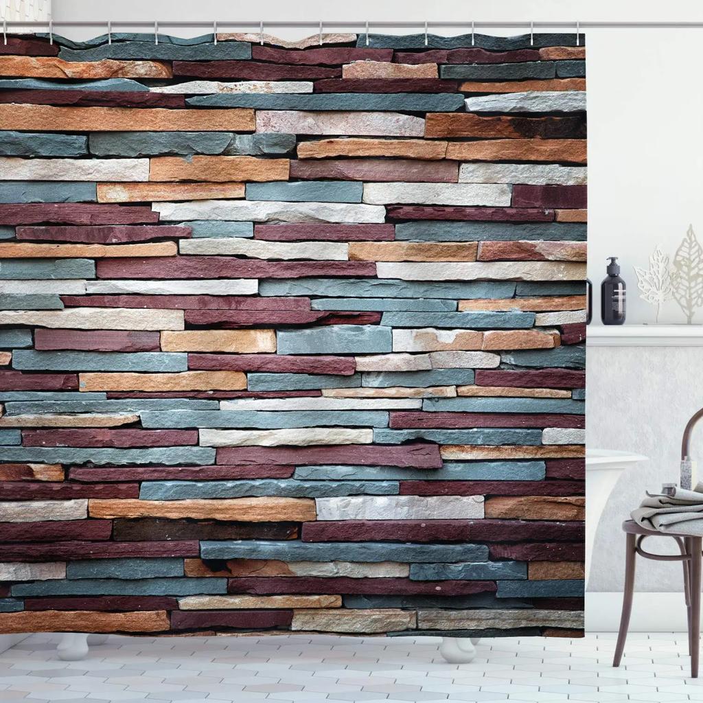 Stone Brick Wall Shower Curtain,Ivy Green Leaves Climbing On Rustic Marble Rocks Stone Wall Fabric Bathroom Shower Curtains