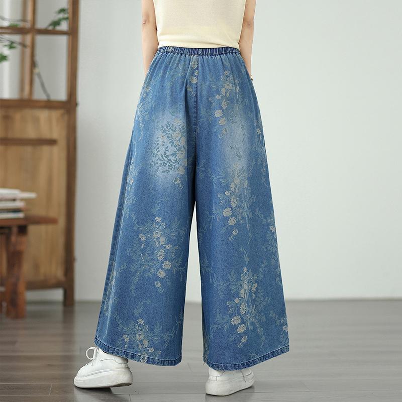 DIMANAF 2025 New Summer Basic Elastic Jeans Pants Women Loose Floral Printing Trousers Casual Denim Wide Leg Pants