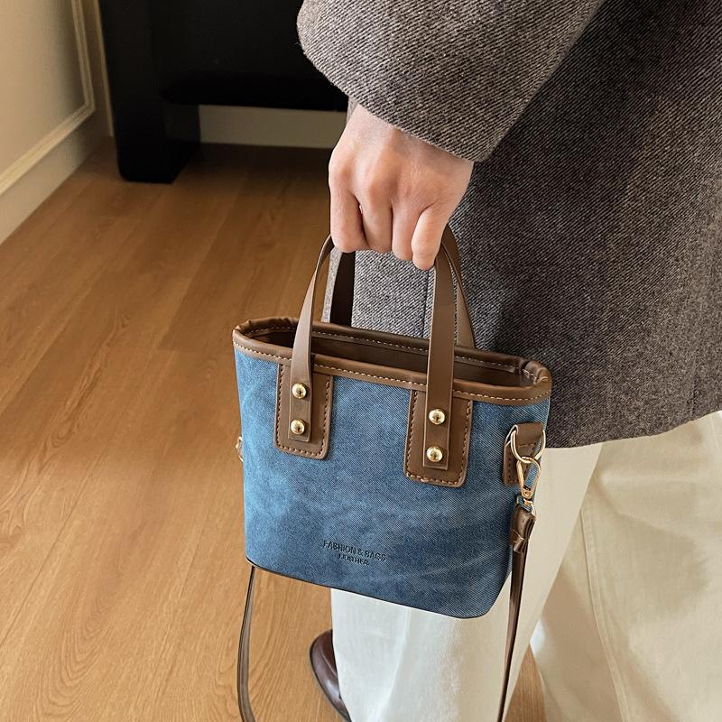 Small Square Crossbody Bag For Women Trendy Versatile Bucket Handheld Bag Color Blocked Shoulder Bag