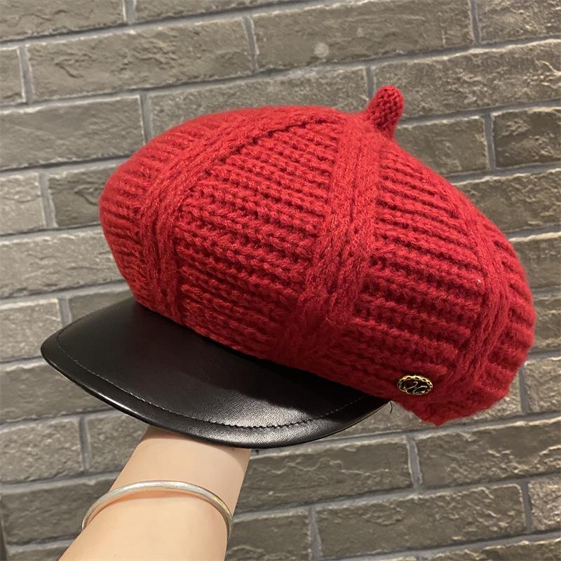 Simple big head circumference knitted beret women's spring and autumn British retro face small octagonal hat PU newsboy hat