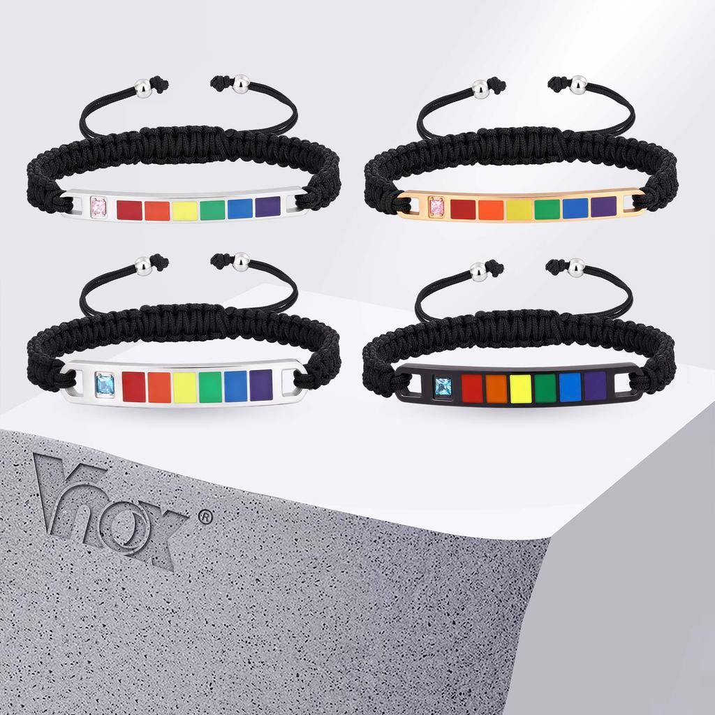 Vnox Rainbow Pride Adjustable Bracelet, Stainless Steel Bar with Zircon, Nylon Woven Bracelet for LGBTQ Gay Lesbian Jewelry Gift