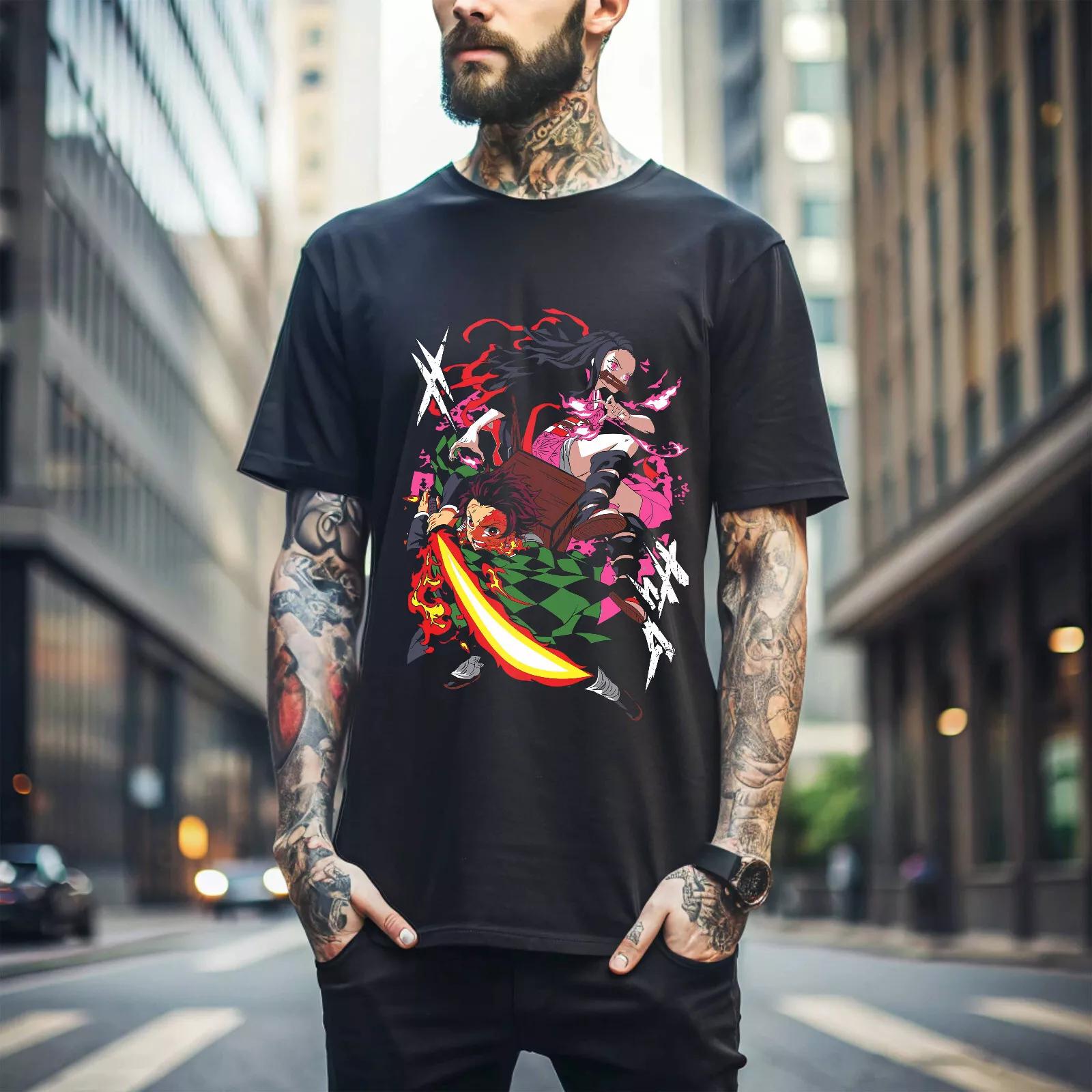 

100% cotton TOPS UNISEX TEES MENS WOMENS Nezuko T-shirt Demon Slayer Kokushibo Kimetsu No Yaiba Tanjiro Shirt 104 M чёрный