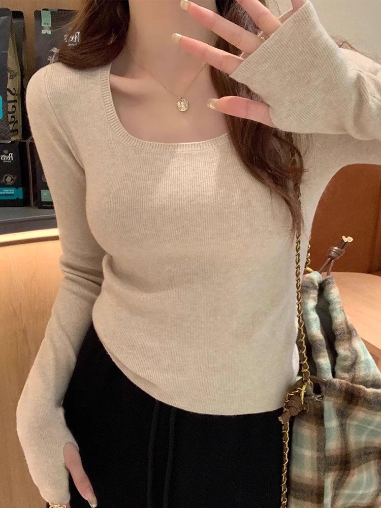 2025 Women's Slim Fit Long Sleeve Knitwear: Square Neck Base Layer for Autumn/Winter