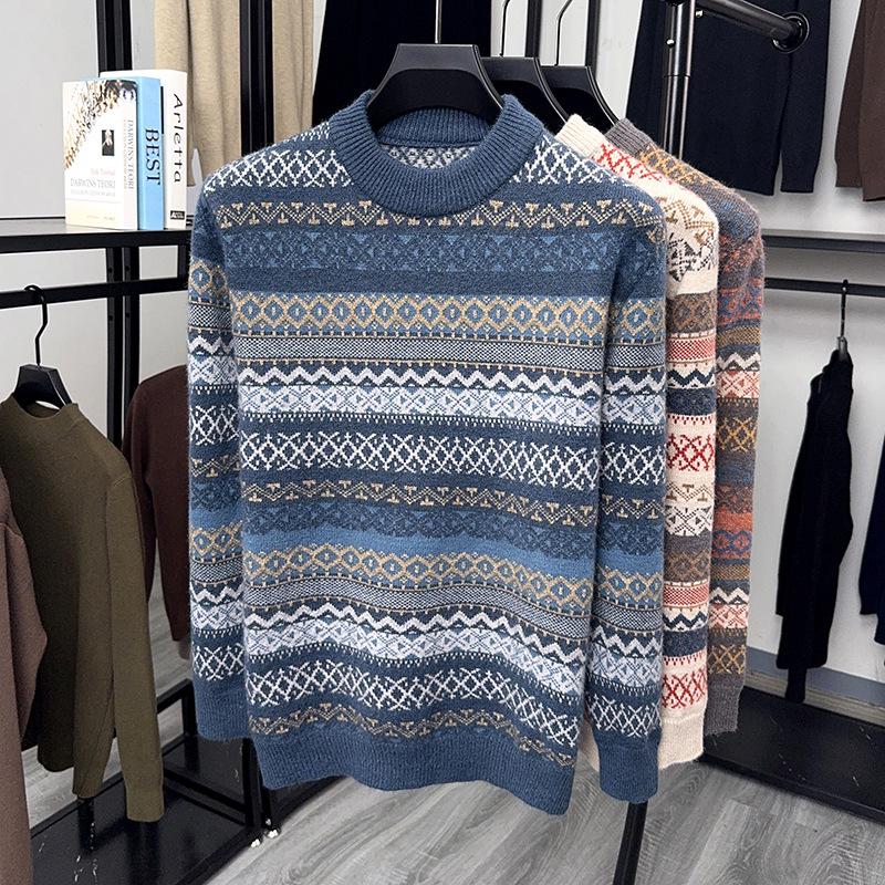 

Men s Color Block Retro Jacquard Knit Sweater Winter 2025 M синій