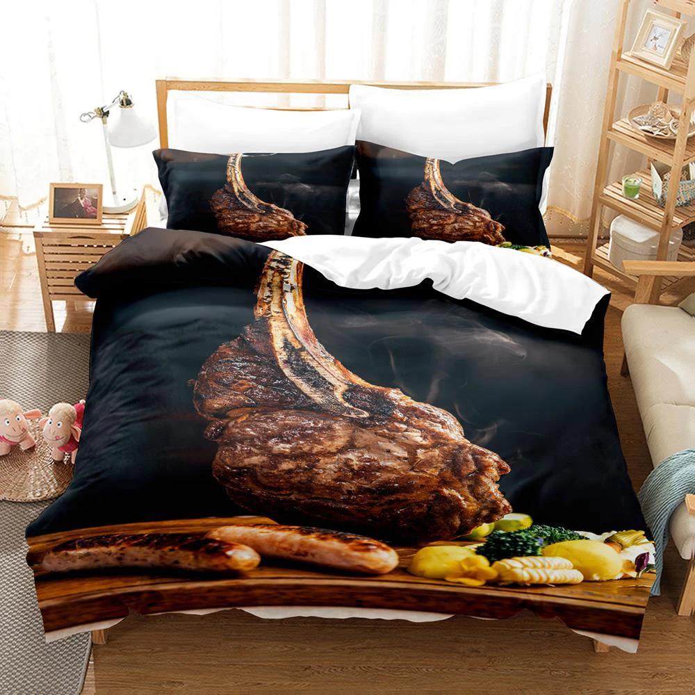 2024 Beefsteak Einzel Doppel Voll Queen King Size Bettwäscheset Jungen Schlafzimmer Bettdeckenbezug 3D-Druck Gourmet-Steak
