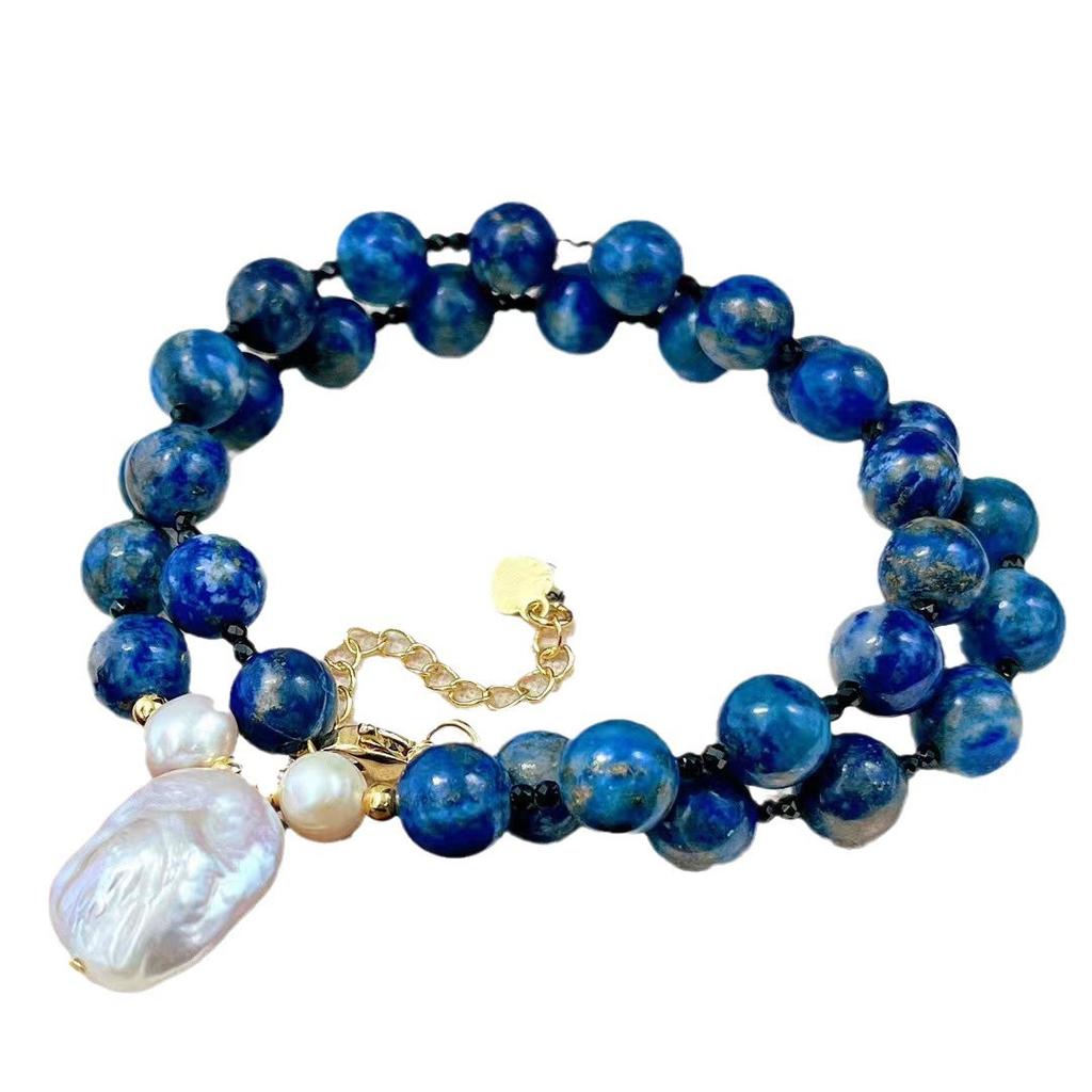 Vintage High Quality Natural Lapis Lazuli Sweater Chain Natural Freshwater Baroque Pearl Necklace