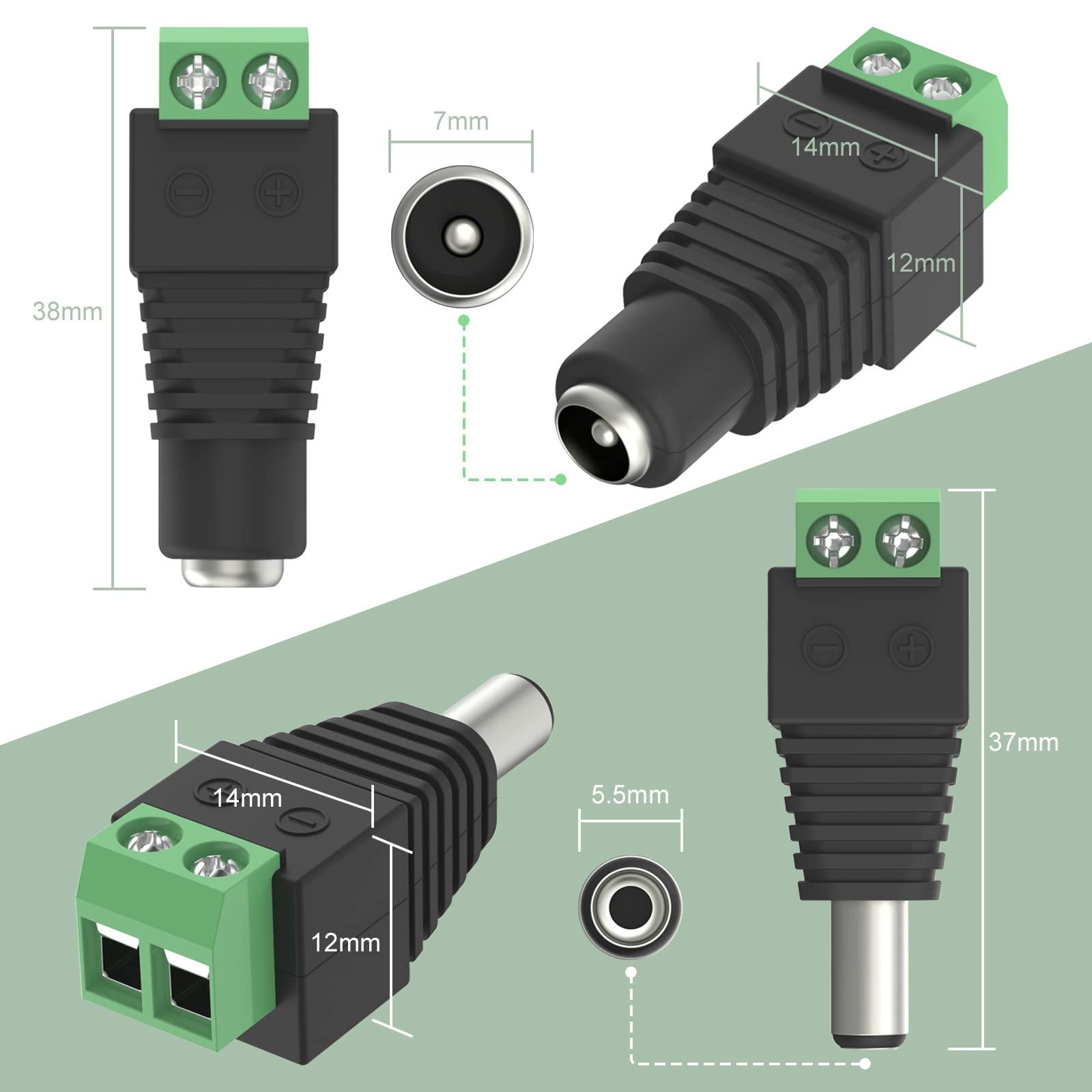 

5 pairs 12V DC Power Connector 5.5mm x 2.1mm DC Power Plug Male and Female DC Connectors for LED Strip CCTV Security Camera 10-19Pcs&Line Connector армія зелений колір