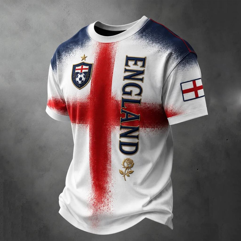 Men's England Football Printed Jersey Short Sleeve Crew Neck Athletic Soccer Shirt Lightweight Breathable Sportswear for Training and Casual Wear