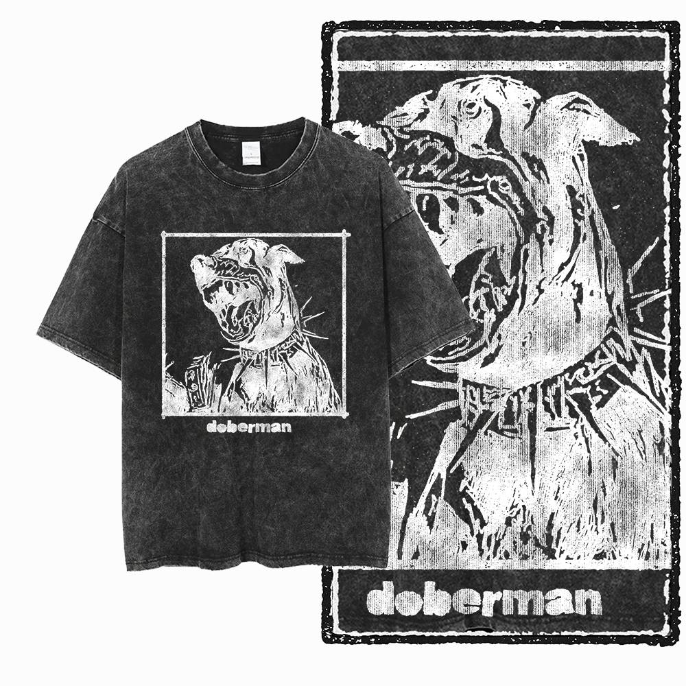 DoberUnisex Dog Vintage Graphic Printed Washed Distressed Big Size Black Cotton Unisexs Retro TShirt G