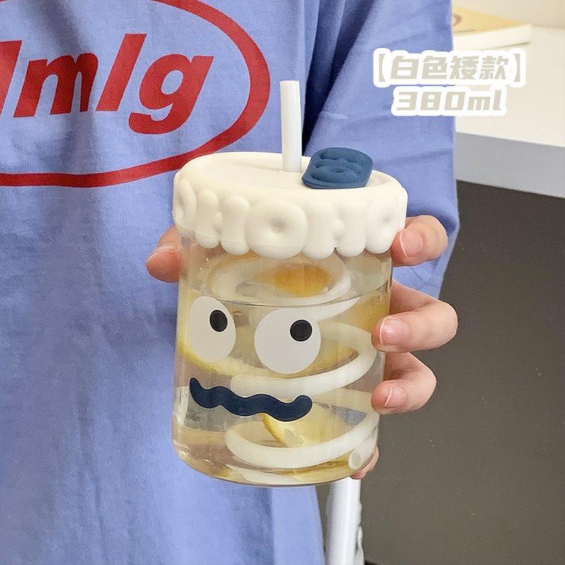 380ml/520ml Cute Expression Glass Water Bottle With Straw Portable Adult Student Coffee Milk Juice Drinking Bottles