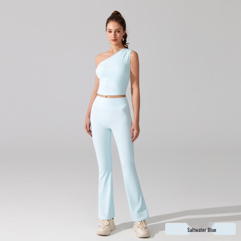 

Нюдовый антибактериальный набор для йоги: Брюки клеш с высокой посадкой, подтягивающие ягодицы, и спортивный топ без рукавов с открытыми плечами L