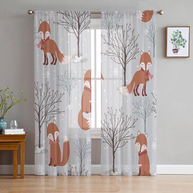 Herbstwald Cartoon Tier Hirsch Kaninchen Eule Fuchs Gardinen für Wohnzimmer Schlafzimmer Küche Tüll Fenster Voile Vorhänge