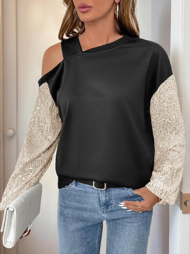 2025 Retro Party Style Women's Sequin Off-Shoulder Color Block Hoodie